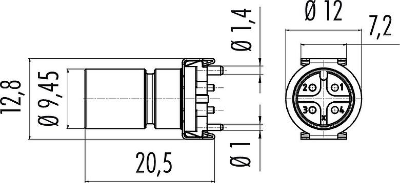 Dessin coté M12 Encastrable mâle, Contacts: 4, non blindé, SMT, IP67