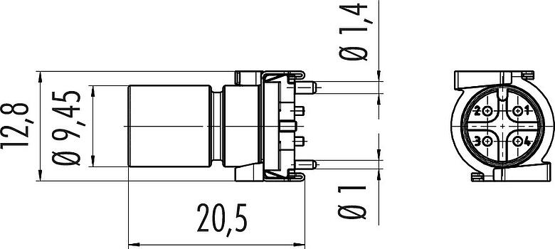 Dibujo a escala M12 Enchufe integrado, Número de contactos: 4, blindable, SMT, IP67