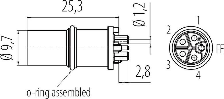 Dibujo a escala M12 Enchufe integrado, Número de contactos: 5, sin blindaje, THR, IP68, UL 2238, Montaje frontal