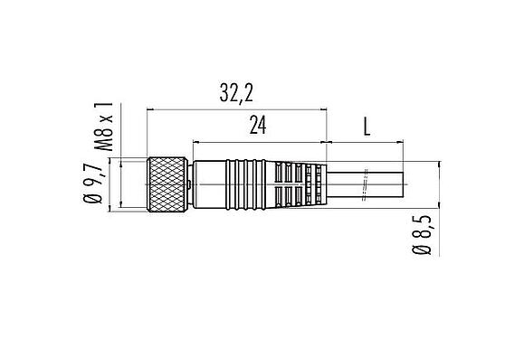 Dessin coté M8 Connecteur femelle, Contacts: 4, blindé, surmoulé sur le câble, IP67/IP69K, PUR, noir, 4 x 0,34 mm², 5 m