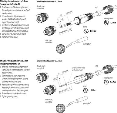 Instrucción de montaje M12 Conector de cable macho, Número de contactos: 5, 5,0-8,0 mm, blindable, abrazadera de alambre, IP67, Pluma de iris