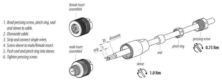 Instrucción de montaje M12 Conector de cable hembra, Número de contactos: 2+PE, 4,0-6,0 mm, sin blindaje, tornillo extraíble, IP67