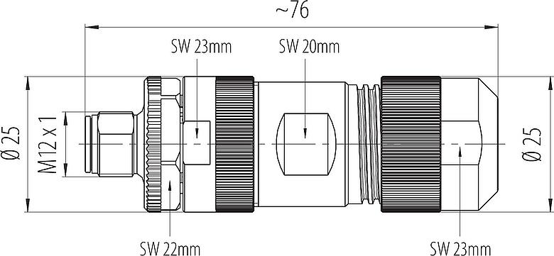 Dessin coté M12 Connecteur mâle, Contacts: 4+PE, 8,0-13,0 mm, non blindé, pince à visser, IP67, UL 2237 en préparation, avec connexion PE