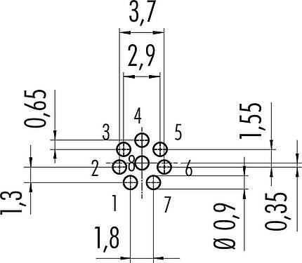 Conductor layout M9 Female panel mount connector, Contacts: 8, unshielded, THT, M9x0,5, Front mounting