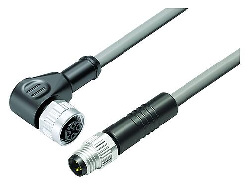 Illustration M12/M8 Male cable connector - female angled connector, Contacts: 3, unshielded, moulded on the cable, IP67/IP69K, UL 2238, PVC, grey, 3 x 0.34 mm², 1 m