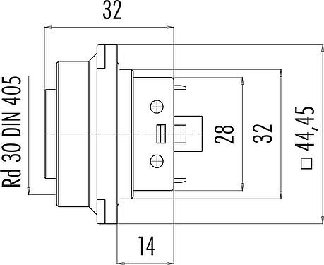 Scale drawing RD30 Female panel mount connector, Contacts: 4+PE, unshielded, screw clamp, IP65, ESTI+, VDE, Front mounting