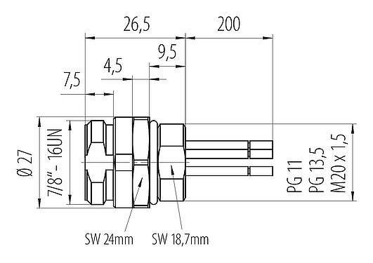 Dessin coté 7/8" Embase mâle, Contacts: 4, non blindé, fils, IP68, UL 2238, VDE, PG 11, Montage frontal, coulé