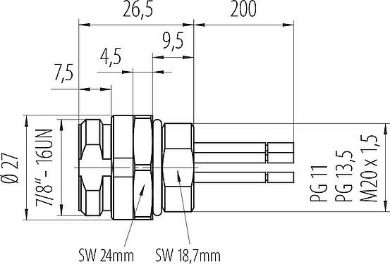 Dibujo a escala 7/8" Enchufe de brida, Número de contactos: 4, sin blindaje, hilos, IP68, UL 2238, VDE, PG 11, Montaje frontal, moldeado