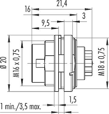 Scale drawing M16 Male panel mount connector, Contacts: 5 (05-a), unshielded, crimping (Crimp contacts must be ordered separately), IP40, M18x0,75, Front mounting