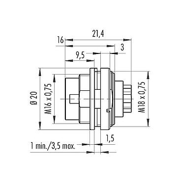 Scale drawing M16 Male panel mount connector, Contacts: 6 (06-a), unshielded, crimping (Crimp contacts must be ordered separately), IP40, M18x0,75, Front mounting