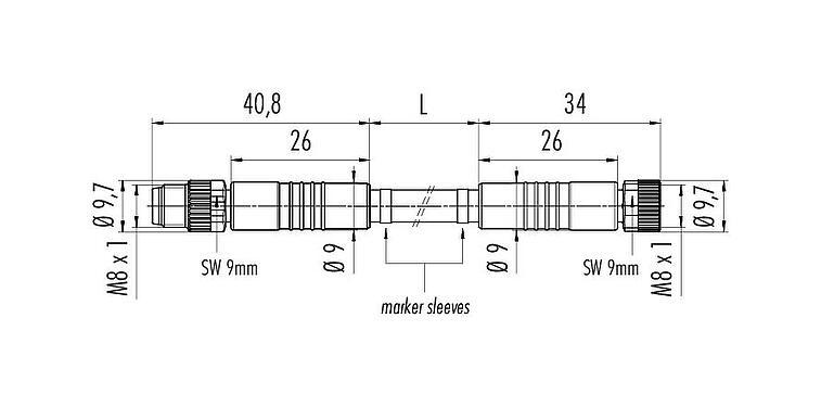 Scale drawing M8 Connecting cable male cable connector - female cable connector, Contacts: 3, unshielded, moulded on the cable, IP67/IP69K, UL 2238, PVC, grey, 3 x 0.34 mm², 2 m