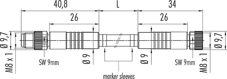 Dessin coté M8 Connecteur femelle - Connecteur mâle, Contacts: 3, non blindé, surmoulé sur le câble, IP67/IP69K, UL 2238, Standard, PVC, jaune, 3 x AWG 22, 2 m
