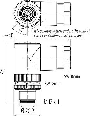 Scale drawing M12 Male angled connector, Contacts: 4, 6.0-8.0 mm, unshielded, screw clamp, IP67, UL 2238