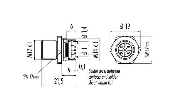 Dessin coté M12 Embase mâle, Contacts: 5, blindable, SMT, IP67, M12x1,0, Montage frontal