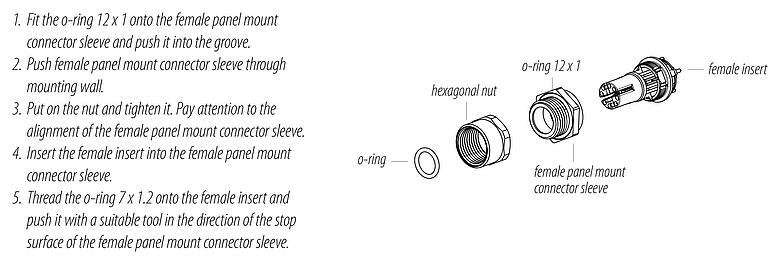 Assembly instructions M12 Female panel mount connector, Contacts: 8, shieldable, THT, IP67, UL, M12x1.0, Front mounting