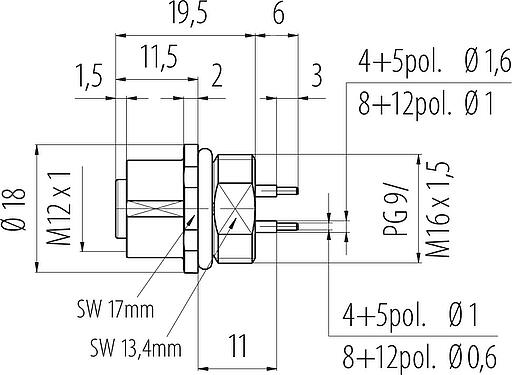 Dibujo a escala M12 Toma de brida, Número de contactos: 5, sin blindaje, THT, IP68, UL 2238, PG 9, Montaje frontal