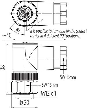 Dessin coté M12 Connecteur femelle coudé, Contacts: 5, 6,0-8,0 mm, non blindé, pince à visser, IP67, UL 2238