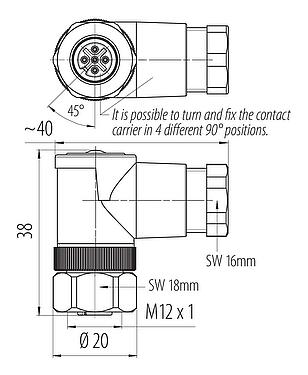 Dessin coté M12 Connecteur femelle coudé, Contacts: 5, 6,0-8,0 mm, non blindé, pince à visser, IP67, UL 2238