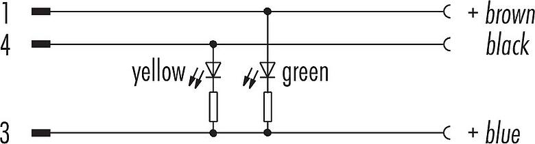 Schémas d’affectation des broches M12/M8 Connecteur mâle - connecteur d‘angle femelle, Contacts: 3, non blindé, surmoulé sur le câble, IP67/IP69K, PUR, noir, 3 x 0,25 mm², avec LED, PNP, 1 m