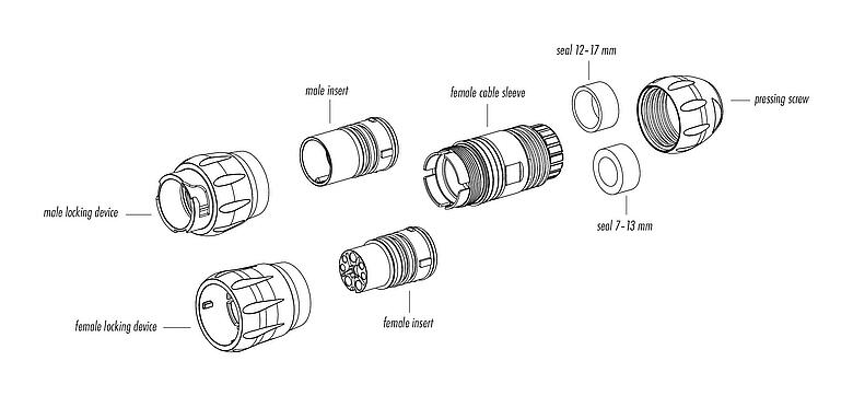 Component part drawing Bayonet Male cable connector, Contacts: 4+PE, 7.0-17.0 mm, unshielded, crimping (Crimp contacts must be ordered separately), IP68/IP69K, UL 2238, VDE, UV resistant