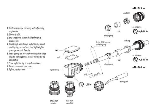 Assembly instructions M12 Female angled connector, Contacts: 4, 6.0-8.0 mm, shieldable, wire clamp, IP67, with shielding ring