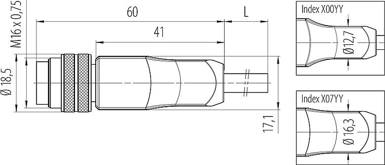 Scale drawing M16 Male cable connector, Contacts: 7 (07-b), shielded, moulded on the cable, IP67, PUR, black, 7 x 0.25 mm², 5 m