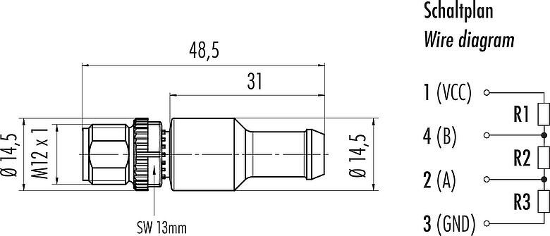 Dibujo a escala M12 Tapón de terminación, Número de contactos: 4, sin blindaje, IP69K, Profibus, PUR