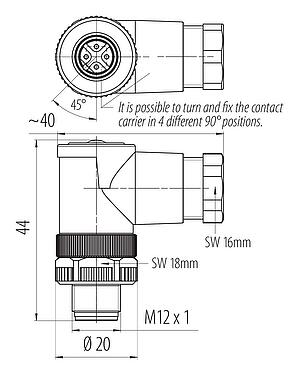 Dibujo a escala M12 Conector macho en ángulo, Número de contactos: 4, 6,0-8,0 mm, sin blindaje, tornillo extraíble, IP67