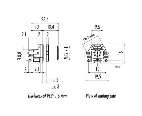 Dibujo a escala M12 Enchufe de brida, Número de contactos: 8, sin blindaje, THR, IP68, UL 2238, M12x1,0, Montaje en pared, para montaje de PCB