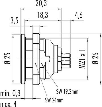 Dibujo a escala Push Pull Enchufe de brida, Número de contactos: 3, sin blindaje, soldadura, IP40, M21x1,0, Montaje frontal