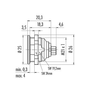 Scale drawing Push Pull Male panel mount connector, Contacts: 4, unshielded, solder, IP67, M21x1,0, Front mounting