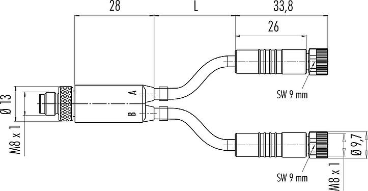 Scale drawing M8 Male cable splitter - 2 female cable connectors, Contacts: 4/3, unshielded, moulded on the cable, IP67, UL 2238, PUR, black, 3 x 0.34 mm², 1 m