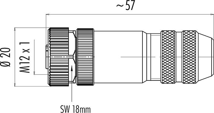 Dessin coté M12 Connecteur femelle, Contacts: 4, 6,0-8,0 mm, blindable, pince à visser, IP67, UL 2238, avec anneau de protection