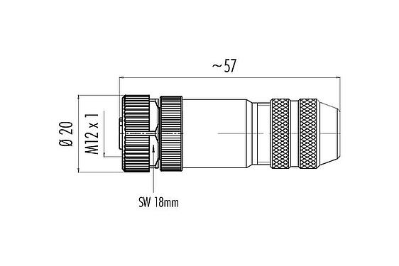 Scale drawing M12 Female cable connector, Contacts: 4, 6.0-8.0 mm, shieldable, screw clamp, IP67, UL 2238, with shielding ring