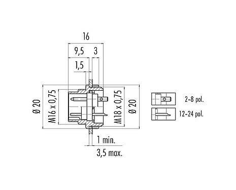 Dessin coté M16 Embase mâle, Contacts: 5 (05-a), non blindé, souder, IP40, M18x0,75, Montage frontal