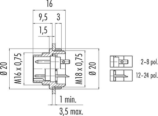Scale drawing M16 Male panel mount connector, Contacts: 24, unshielded, solder, IP40, M18x0,75, Front mounting