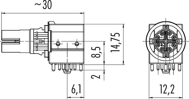 Dibujo a escala M12 El inserto de contact, Número de contactos: 8, blindable, THT, IP67, UL