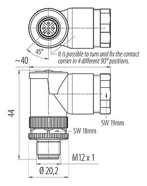 Dessin coté M12 Connecteur mâle coudé, Contacts: 5, 2.1-3.0 mm (2 câble) ou 4-5 mm (2 câble), non blindé, pince à visser, IP67, UL 2238