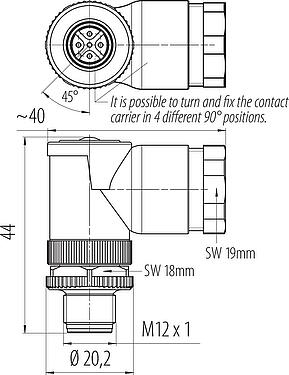 Dessin coté M12 Connecteur mâle coudé, Contacts: 5, 2.1-3.0 mm (2 câble) ou 4-5 mm (2 câble), non blindé, pince à visser, IP67, UL 2238