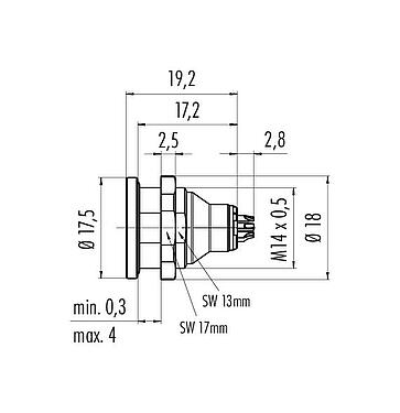 Scale drawing Push Pull Male panel mount connector, Contacts: 3, unshielded, solder, IP40, M14x0,5, Front mounting