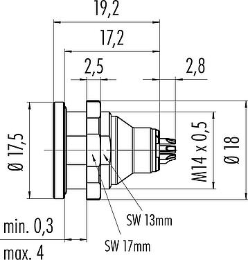 Scale drawing Push Pull Male panel mount connector, Contacts: 3, unshielded, solder, IP40, M14x0,5, Front mounting
