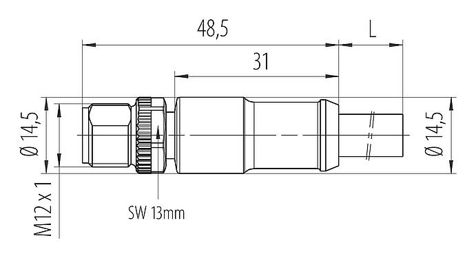 Dibujo a escala M12 Conector de cable macho, Número de contactos: 4, sin blindaje, moldeado en el cable, IP68, UL 2238, PUR, negro, 4 x 1,50 mm², 5 m