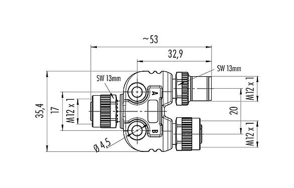 Scale drawing M12 Twin distributors Y-distributor, male connector - 2 female connector, Contacts: 4, unshielded, pluggable, IP68, UL 2238
