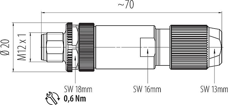 Scale drawing M12 Male cable connector, Contacts: 4, 5.0-8.0 mm, shieldable, crimping (Crimp contacts must be ordered separately), IP67, UL 2238