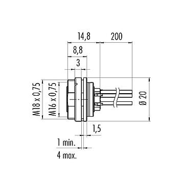 Dibujo a escala M16 Toma de brida, Número de contactos: 5 (05-a), sin blindaje, hilos, IP40, M18x0,75, Montaje en pared