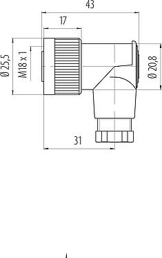 Dessin coté M18 Connecteur femelle coudé, Contacts: 4, 6,5-8,0 mm, non blindé, pince à visser, IP67