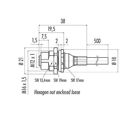 Scale drawing M12 Female panel mount connector, Contacts: 8, shielded, with cable assembled, IP68, M16x1.5, PUR, black, 8 x 0.25 mm², Rear mounting, 0.5 m