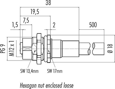 Scale drawing M12 Female panel mount connector, Contacts: 8, shielded, with cable assembled, IP68, PG 9, PUR, 8 x 0.25 mm², Rear mounting, 0.5 m