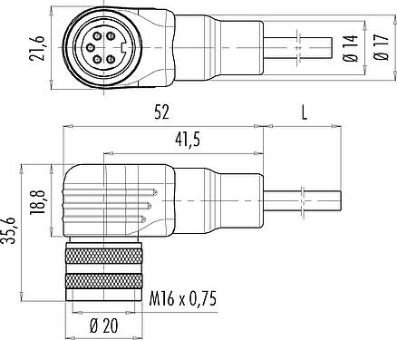 Dessin coté M16 Connecteur femelle coudé, Contacts: 5 (05-a), non blindé, surmoulé sur le câble, IP67, PUR, noir, 5 x 0,25 mm², 2 m