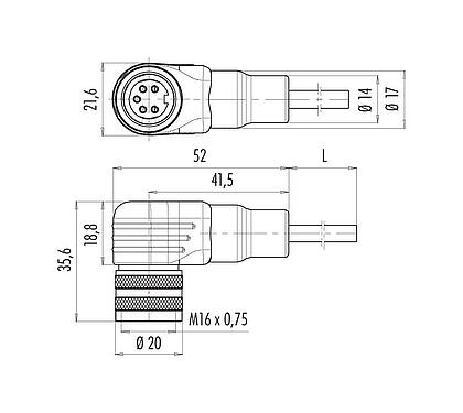 Dessin coté M16 Connecteur femelle coudé, Contacts: 6 (06-a), blindé, surmoulé sur le câble, IP67, PUR, noir, 6 x 0,25 mm², 2 m